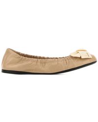Prada - Bow-Detail Gathered Leather Ballerinas - Lyst