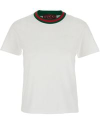 Gucci - T-Shirt With Web Detail On The Neck - Lyst