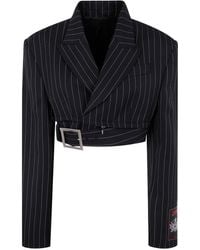 Jean Paul Gaultier - Pinstripe Wool Cropped Tailored Jacket With Zip Off Belt - Lyst