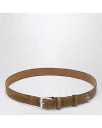 Prada - Suede Leather Belt With Logo Plaque - Lyst