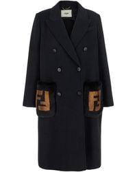 Fendi - Double-Breasted Coat With Ff Logo On The Pockets - Lyst