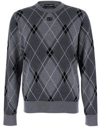 Dolce & Gabbana - Crew Neck Sweater With Front Logo And Diamond Pattern - Lyst