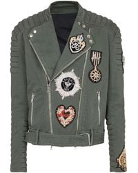 Balmain - Denim Biker Jacket W/ Patch - Lyst