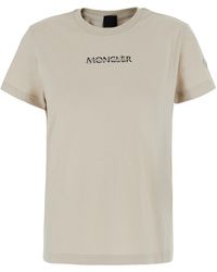 Moncler - Crew Neck T-Shirt With Logo Lettering On The Front And Logo Patch On The Sleeve - Lyst