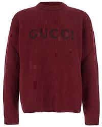 Gucci - Bordeaux Crewneck Sweater With Logo Lettering Embroidery On The Front - Lyst