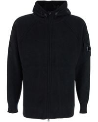 C.P. Company - Cardigan With Drawstring Hood And Logo Plaque On The Sleeve - Lyst
