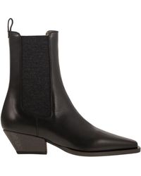Brunello Cucinelli - Classic Leather Chelsea Boot With Precious Block Heels - Lyst
