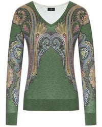 Etro - Silk And Cashmere V-Neck Sweater With Placed Paisley Print - Lyst
