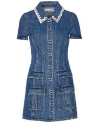 Self-Portrait - Self Portrait Denim Crystal Trim Collared Mini Dress - Lyst