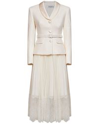 Self-Portrait - Self Portrait Cream Georgette And Bouclé Belted Midi Dress - Lyst
