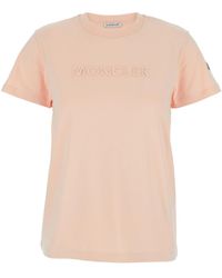 Moncler - Crewneck T-Shirt With Tonal Logo Lettering Embroidery On The Front And Logo Patch On The Sleeve - Lyst
