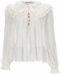 Self-Portrait - Sheer Ruffle Trim Tie-Neck Blouse - Lyst