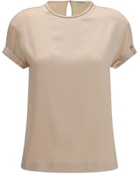 Brunello Cucinelli - Silk Blouse With Monili Chain T-Shirts & Jerseys - Lyst