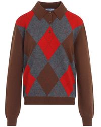 Prada - Argyle Knit Polo Sweater - Lyst