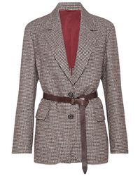Brunello Cucinelli - Belted Blazer With Houndstooth Pattern - Lyst
