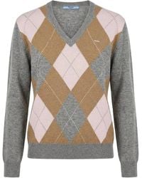 Prada - Argyle-Pattern V-Neck Cashmere Sweater - Lyst