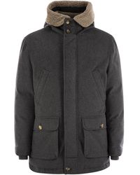 Brunello Cucinelli - Membranated Wool Flannel Parka Down Jacket With Hood And Shearling Insert - Lyst
