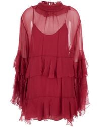 Chloé - Chloã Fuchsia Crewneck Mini Dress With Ruches And Rear Button Closure - Lyst