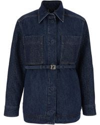 Fendi - Jacket With Pointed Collar And Waist Belt With Ff Plaque - Lyst