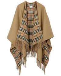 Burberry - Reversible Wool Cape With Check Motif And Frayed Hem - Lyst