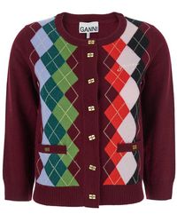 Ganni - Crewneck Cardigan With Jewel Buttons And Gemetric Motif On The Front - Lyst