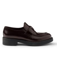 Prada - Brushed Leather Loafers With Logo - Lyst