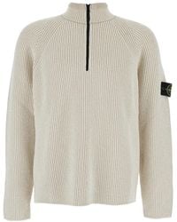 Stone Island - Sweater With Logo Patch On The Sleeve And Front Half Zip Closure - Lyst