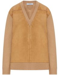 Prada - Suede-Panel V-Neck Wool Sweater Clothing - Lyst