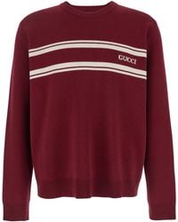 Gucci - Bordeaux Crewneck Sweater With Logo Lettering On The Front And Striped Detail - Lyst