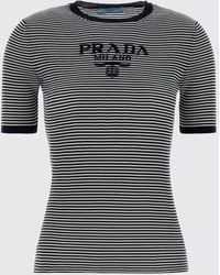 Prada - Striped Recycled Silk Crew Neck Sweater With Logo - Lyst