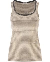 Brunello Cucinelli - Linen Striped Crew Neck Top With Contrasting Trim And Necklace - Lyst