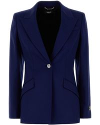 【送料&関税込】Versace Blue Stretch Wool Blazer Single-Breasted Wool Blazer Blue | VERSACE