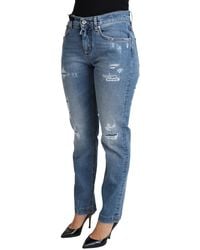 Dolce & Gabbana - Tattered Skinny Denim Cotton Blend Jeans - Lyst