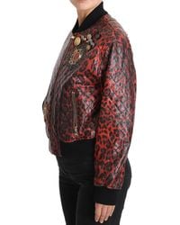 Dolce & Gabbana - Red Leopard Button Crystal Leather Jacket - Lyst