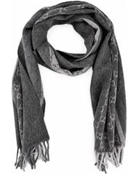 Gucci - Monogram Charcoal Cashmere & Wool Scarf With Fringe Scarfs - Lyst