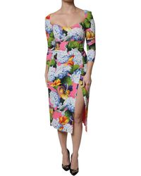 Dolce & Gabbana - Floral Print Midi Dress Side Slit - Lyst
