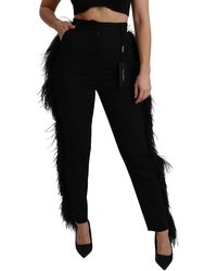 Dolce & Gabbana - Black Feather Straight High Waist Wool Pants - Lyst