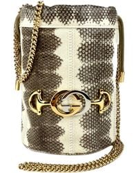 Gucci Zumi White/gray Snakeskin Mini Drawstring Bucket Chain Bag 576432 9599 - Multicolour