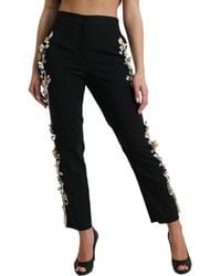 Dolce & Gabbana - Dolce Gabbana Black Silk Floral Embroidered Trousers Slim Pants - Lyst