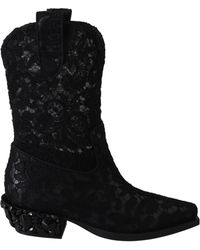 Dolce & Gabbana Lace Taormina Ankle Cowboy Crystal Shoes - Black