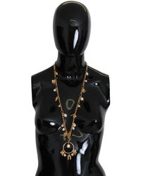 Dolce & Gabbana Gold Tone Horseshoe Pendants Crystal Faux Pearl Necklace - Black