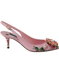 Dolce & Gabbana Leather Roses Crystals Slingback Shoes - Pink