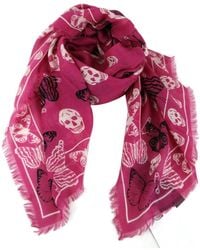 Alexander McQueen Fuchsia Modal / Wool Butterfly Skull Print Scarf 531337 5678 - Pink