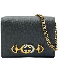 Gucci Zumi Leather Gold Chain Bi-fold Mini Wallet GG Logo 570660 1275 - Gray