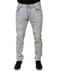 Dolce & Gabbana - Cotton Blend Tattered Skinny Denim Jeans - Lyst