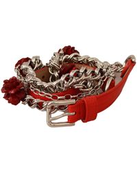 Dolce & Gabbana - Red Leather Roses Floral Silver Waist Belt - Lyst