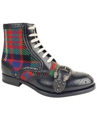 Gucci Leather Red Green Chequered Wool Boots 483956 1046 (7.5 Eu / 8 Us) - Black