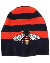Gucci - Striped Wool Knit Beanie Hat With Large Bee M 58 - Lyst