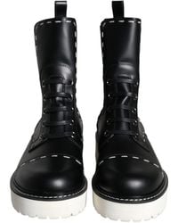 Dolce & Gabbana - Black Leather Combat Mid Calf Boots Shoes - Lyst