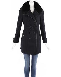 Burberry Cotton Fur Collar Leather Trimmed Belted Trench Coat - Black